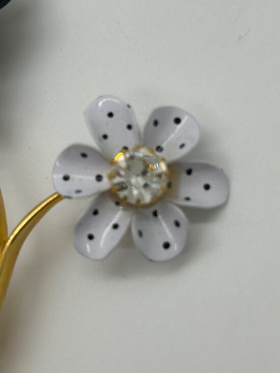 Vintage Avon Spectator Brooch Black & White Enamel Polka Dot Flower Rhinestone - Picture 4 of 12